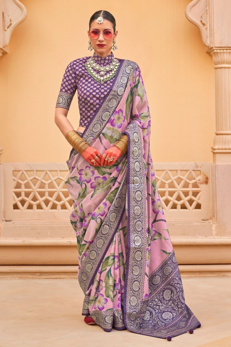 Floral Print Art Silk Pink Color Festive Wear Saree With Blouse