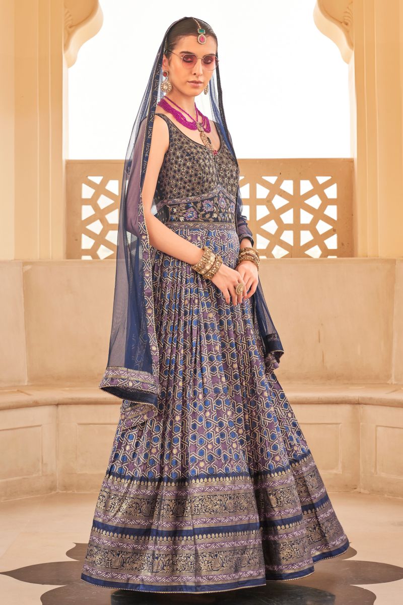 Art Silk Fabric Navy Blue Color Beatific Look Readymade Gown With Dupatta