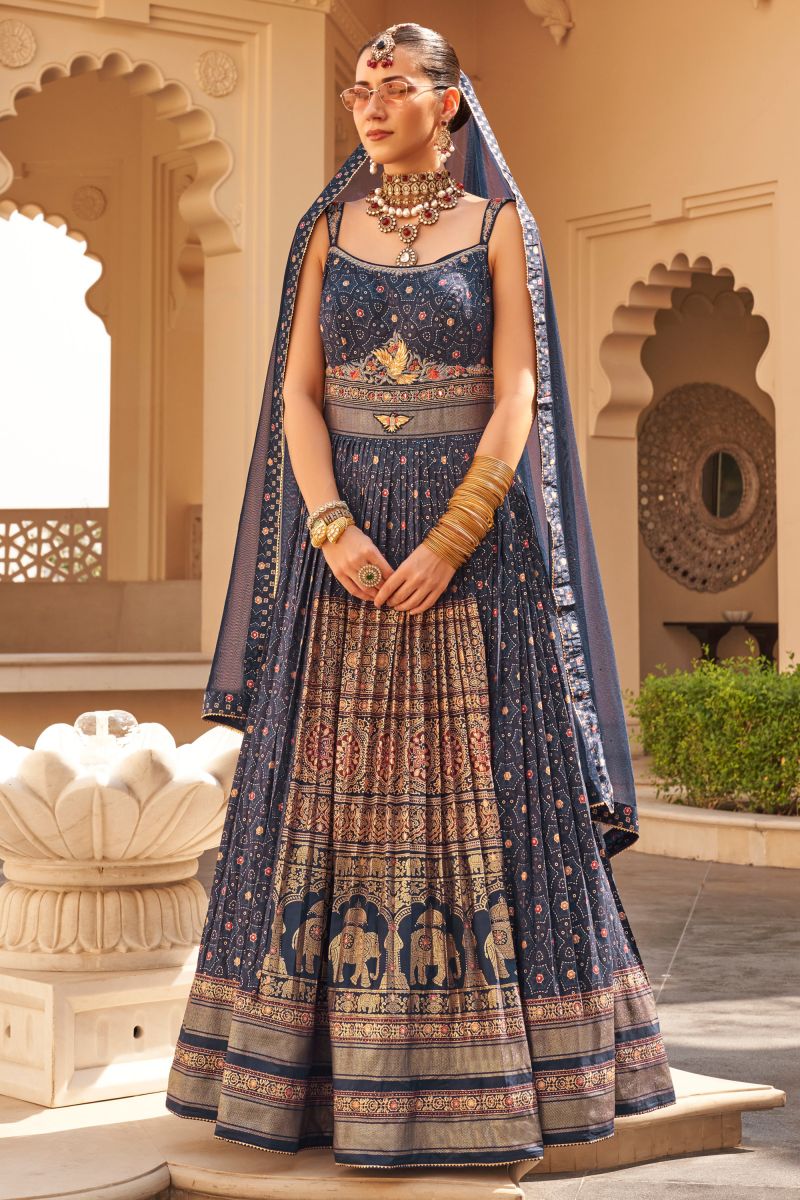 Navy Blue Color Art Silk Fabric Glamorous Look Readymade Gown With Dupatta