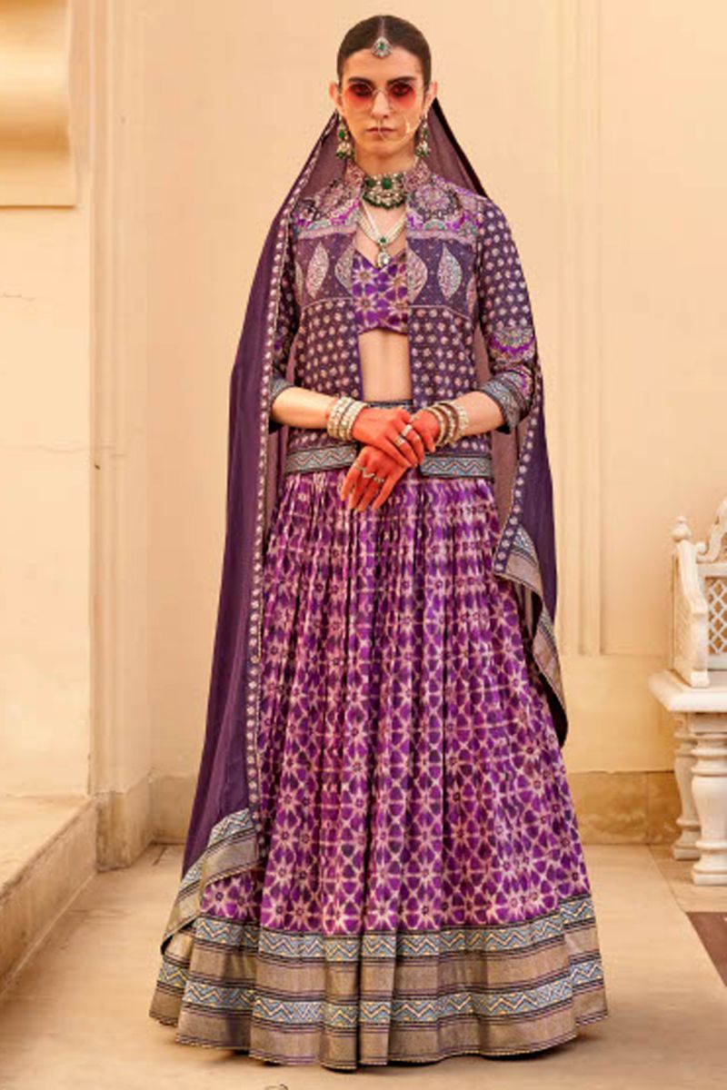 Art Silk Fabric Foil Printed Work Luminous Readymade 3 piece Lehenga Choli In Purple Color