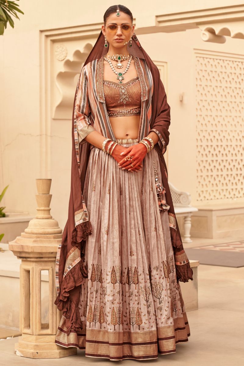 Art Silk Fabric Charismatic Readymade 3 piece Lehenga Choli In Beige Color In Foil Printed Work 