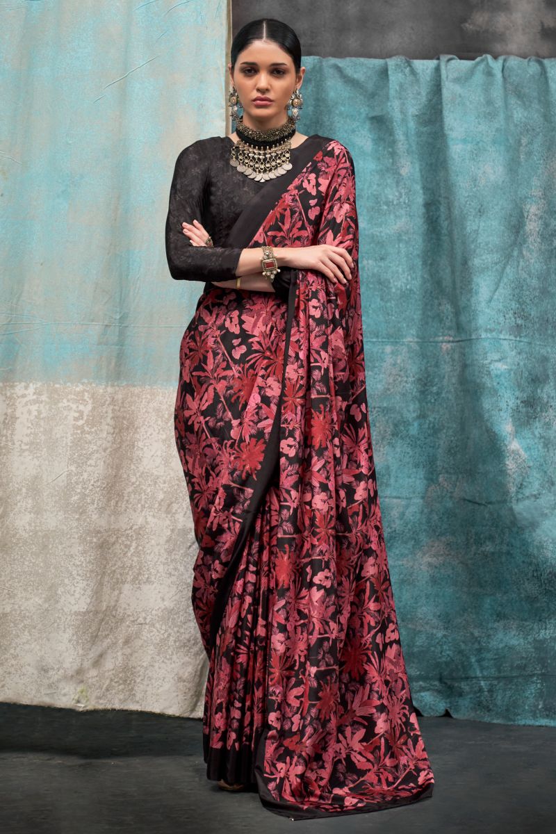 Black Color Glorious Printed Crepe Saree In Casual Wear