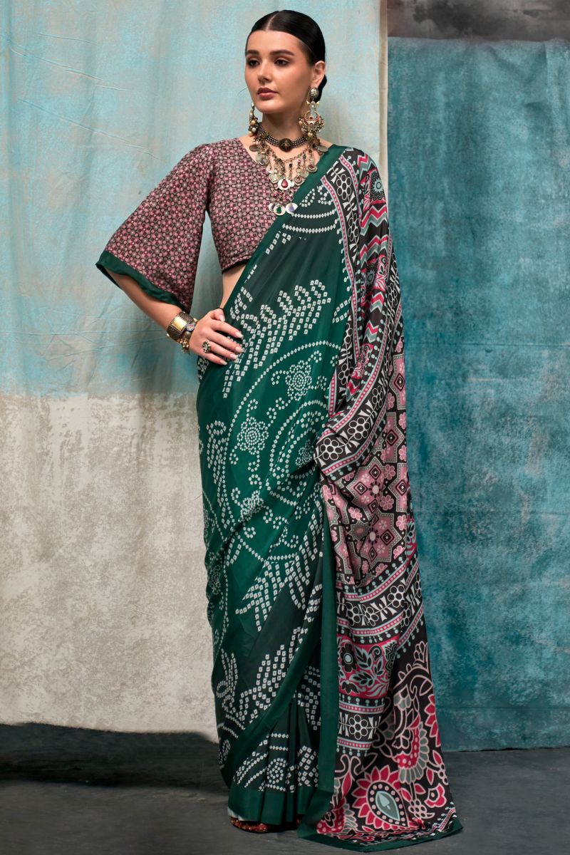 Green Color Casual Wear Glamorous Printed Crepe Saree