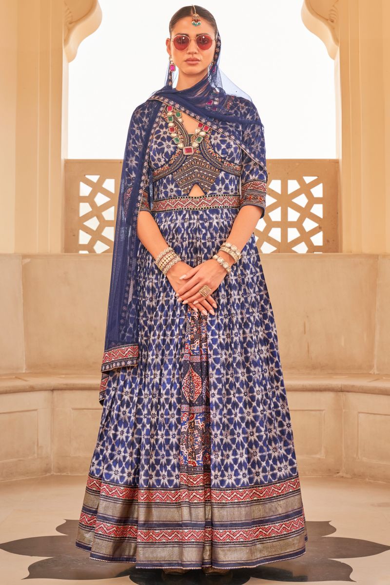 Trendy Art Silk Fabric Embroidered Readymade Long Gown With Dupatta In Navy Blue Color