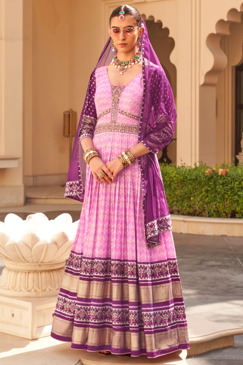 Tempting Purple Color Embroidered Readymade Long Gown With Dupatta