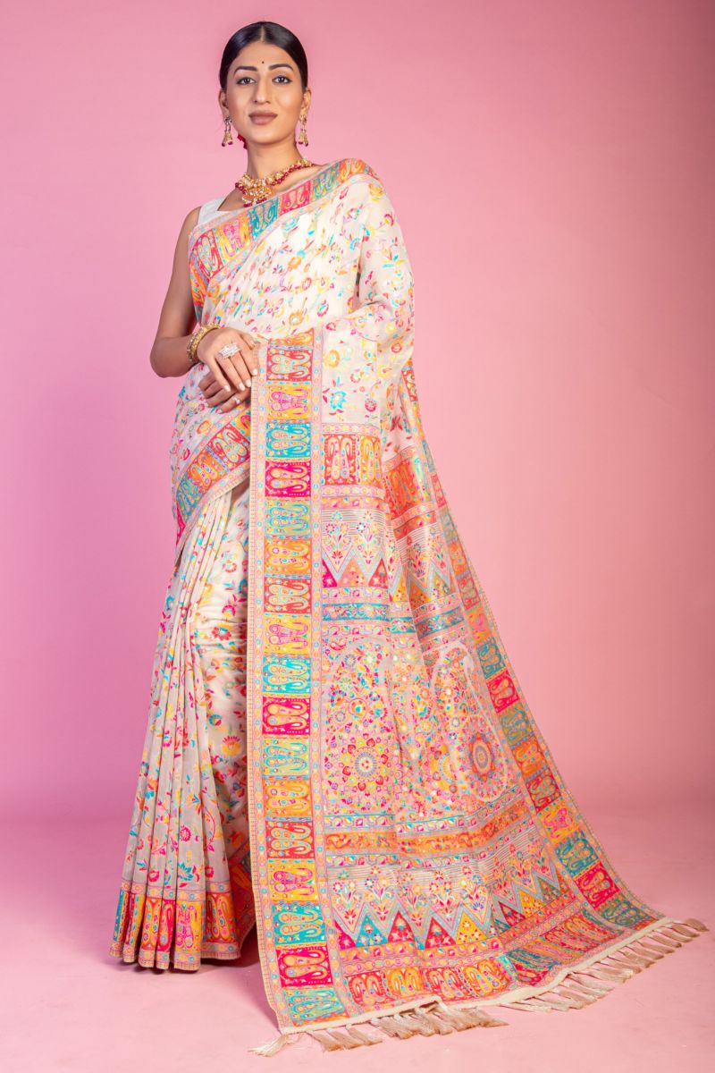 Cream Color Printed Work Brilliant Kashmiri Pashmina Saree