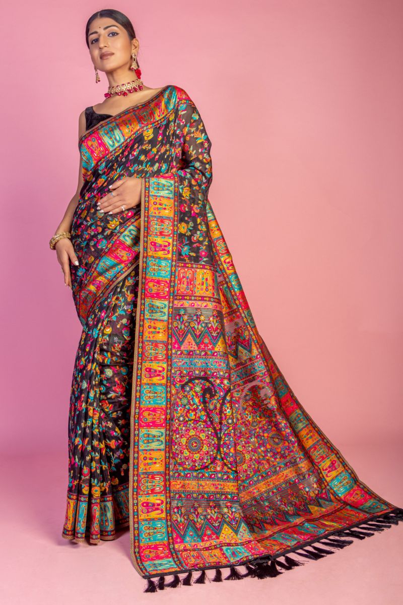 Printed Work Imposing Kashmiri Pashmina Saree In Black Color