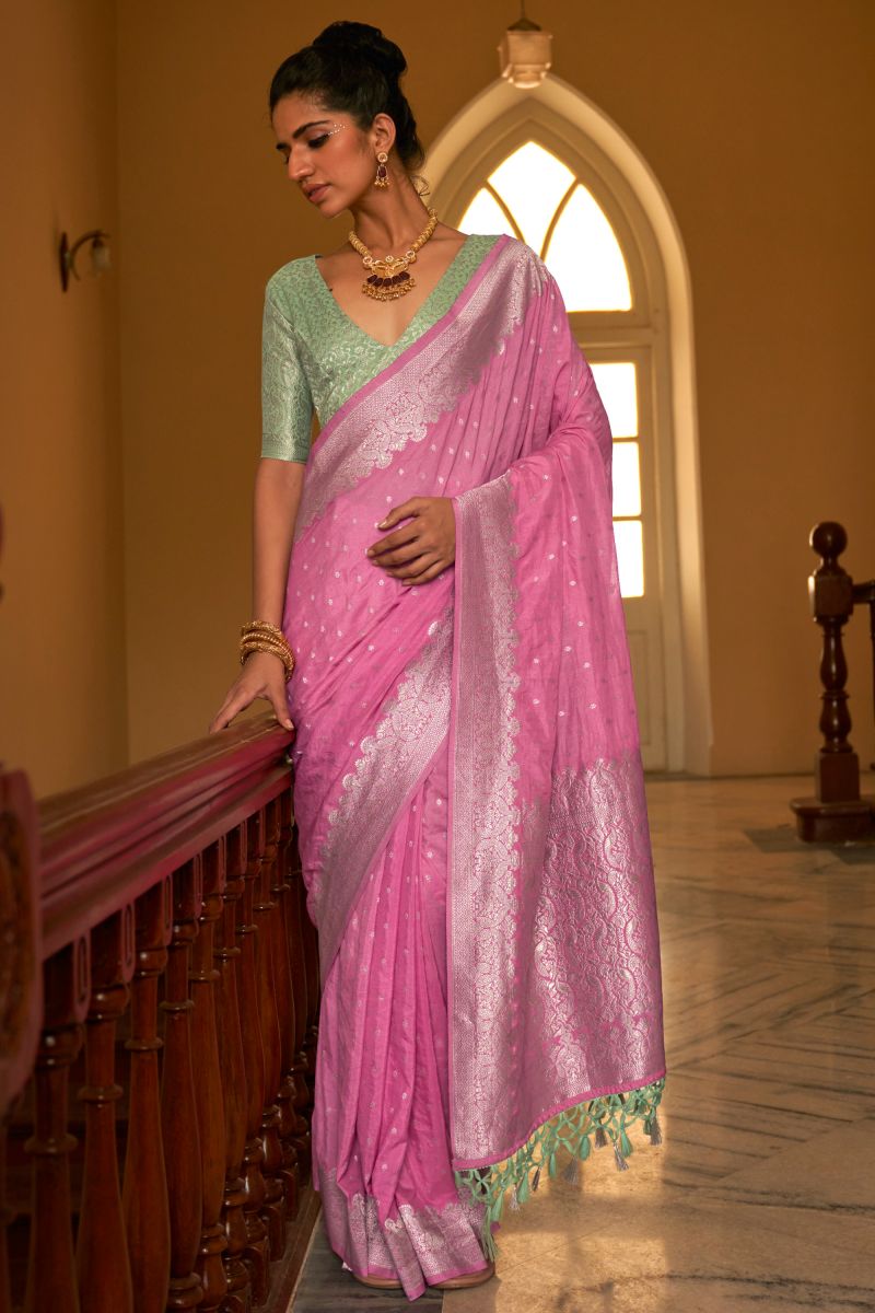 Appealing Weaving Work On Crepe Silk Fabric Saree In Pink Color