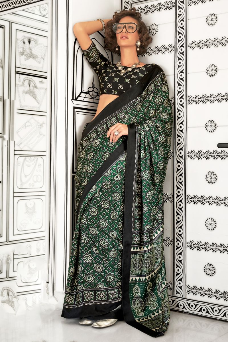 Green Color Printed Work On Crepe Fabric Beatific Saree