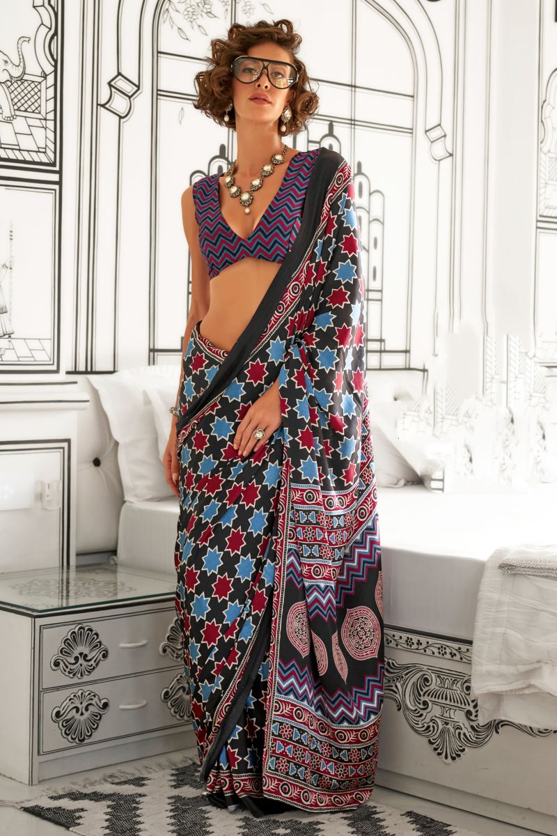 Incredible Printed Work On Crepe Fabric Black Color Saree