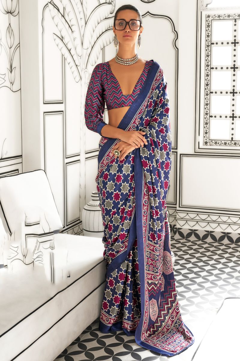 Tempting Crepe Fabric Blue Color Saree With Printed Work