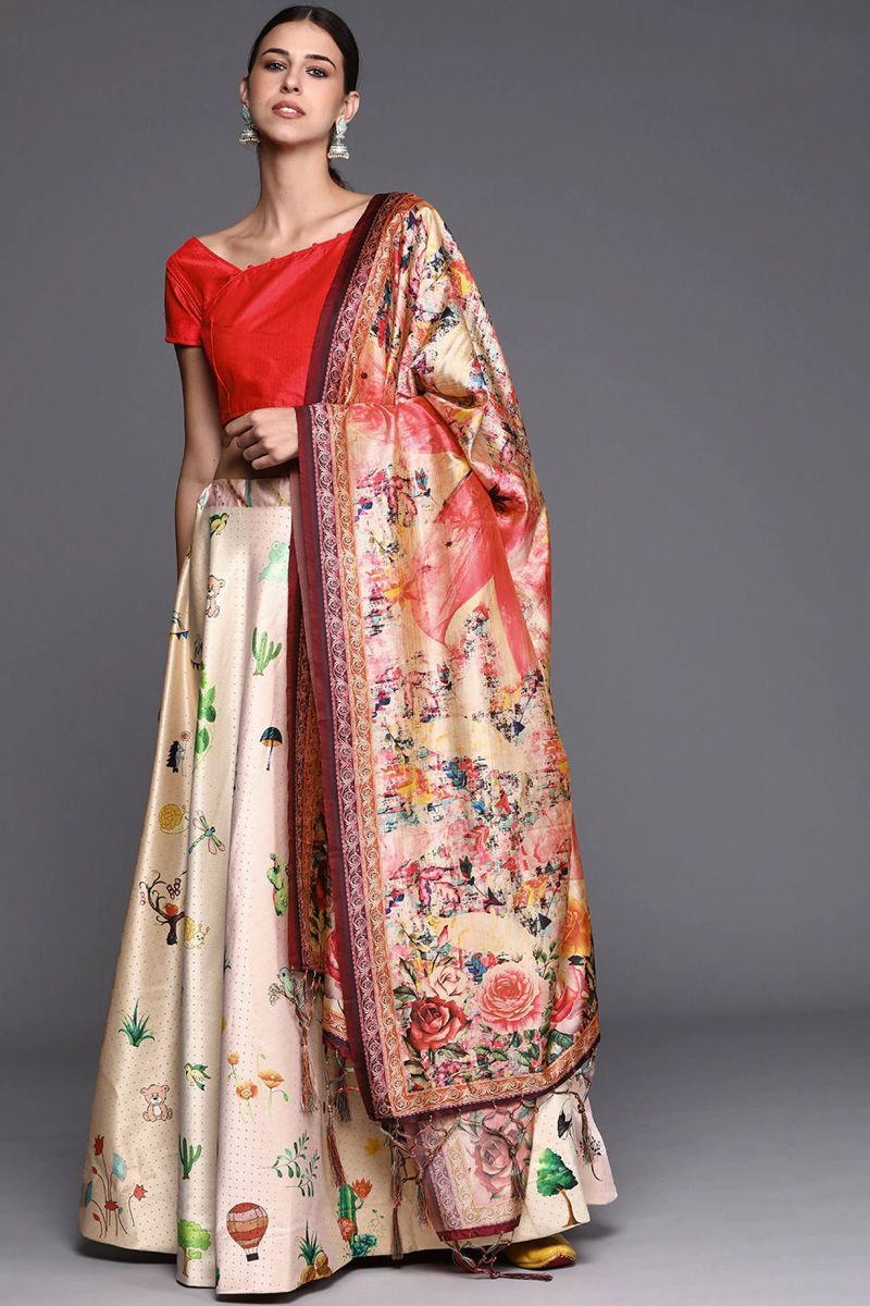 Beige Color Printed Work On Satin Silk Fabric Beatific Lehenga