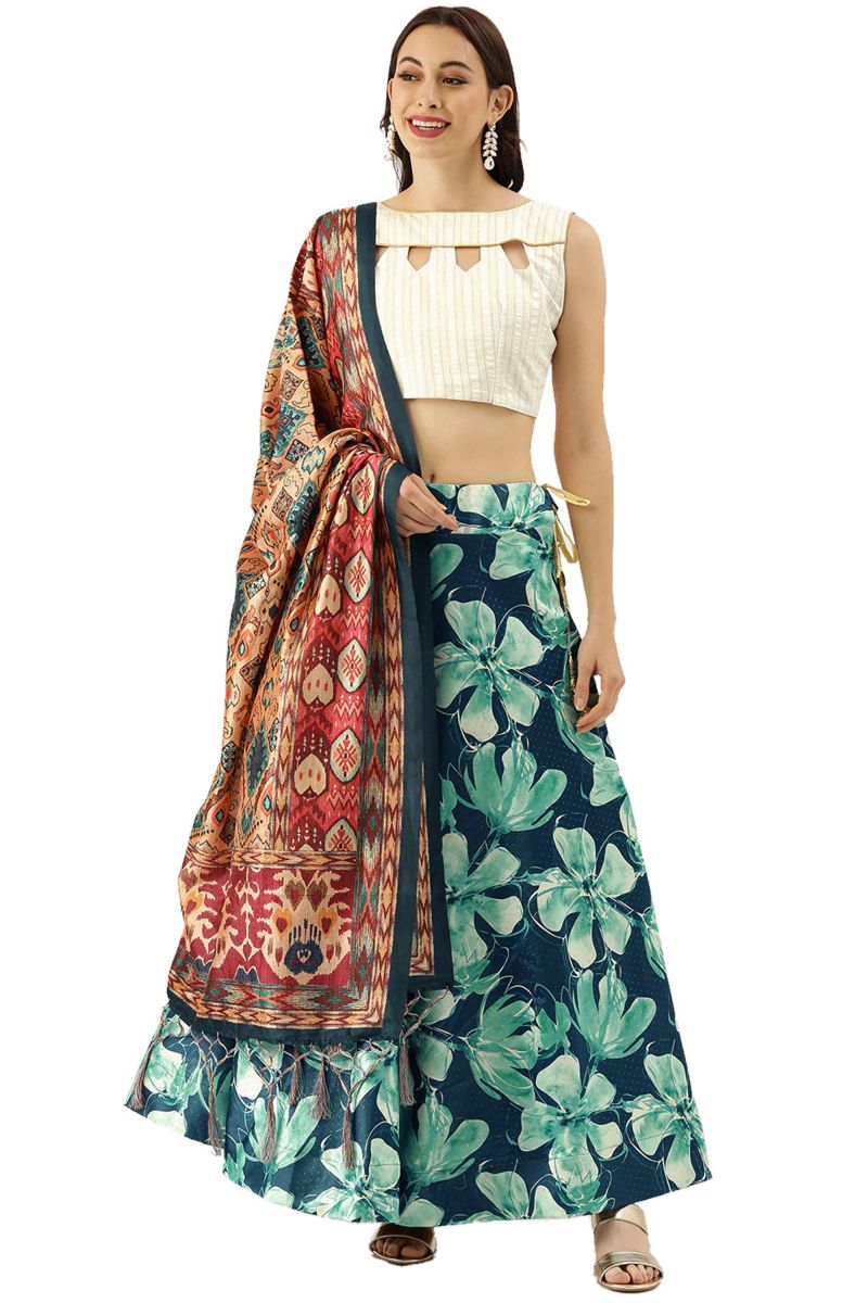 Embellished Printed Work On Teal Color Satin Silk Fabric Lehenga