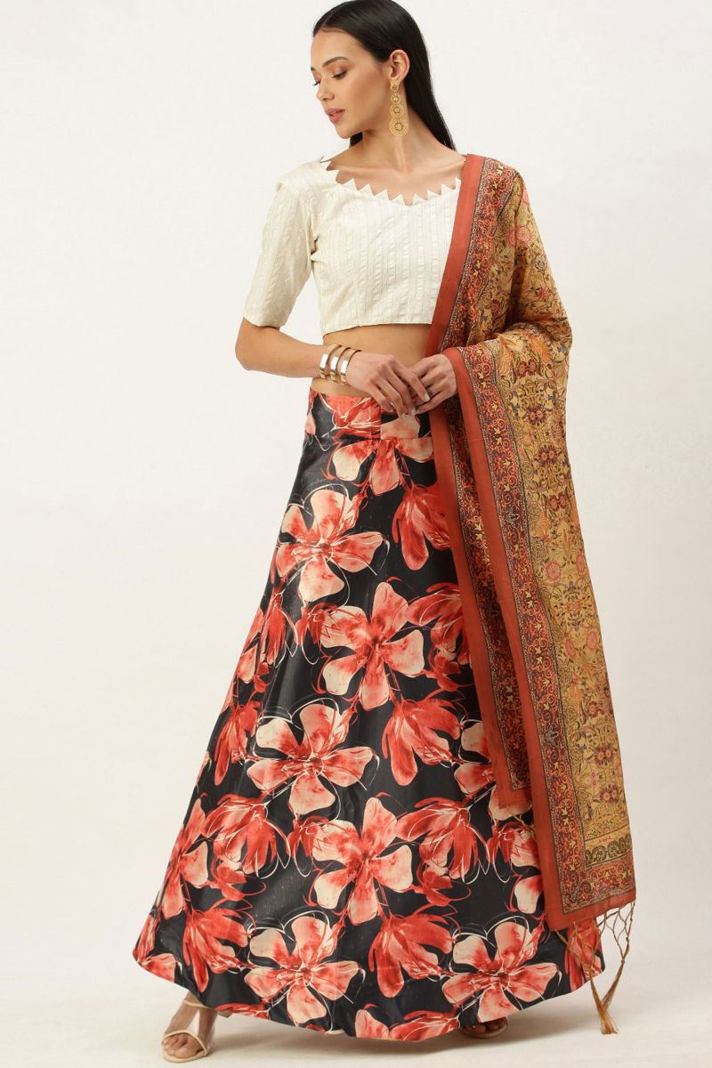 Awesome Printed Work On Satin Silk Fabric Black Color Lehenga