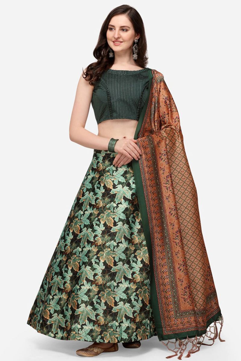 Excellent Satin Silk Fabric Green Color Lehenga With Printed Work