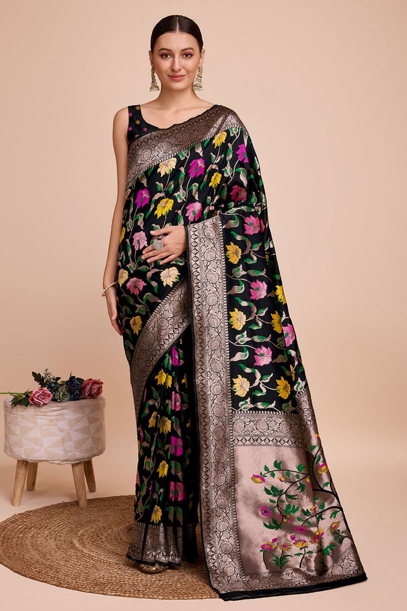 Creative Saree In Black Color Paithani Silk Fabric