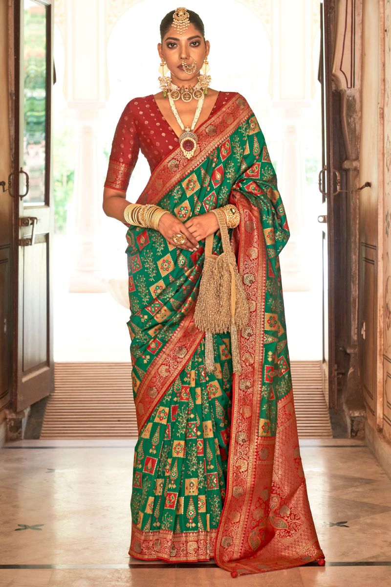 Solid Art Silk Fabric Patola Weaving Work On Saree In Green Color