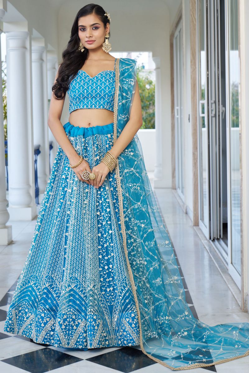 Cyan Color Net Fabric Sequins Embroidered Lehenga For Sangeet