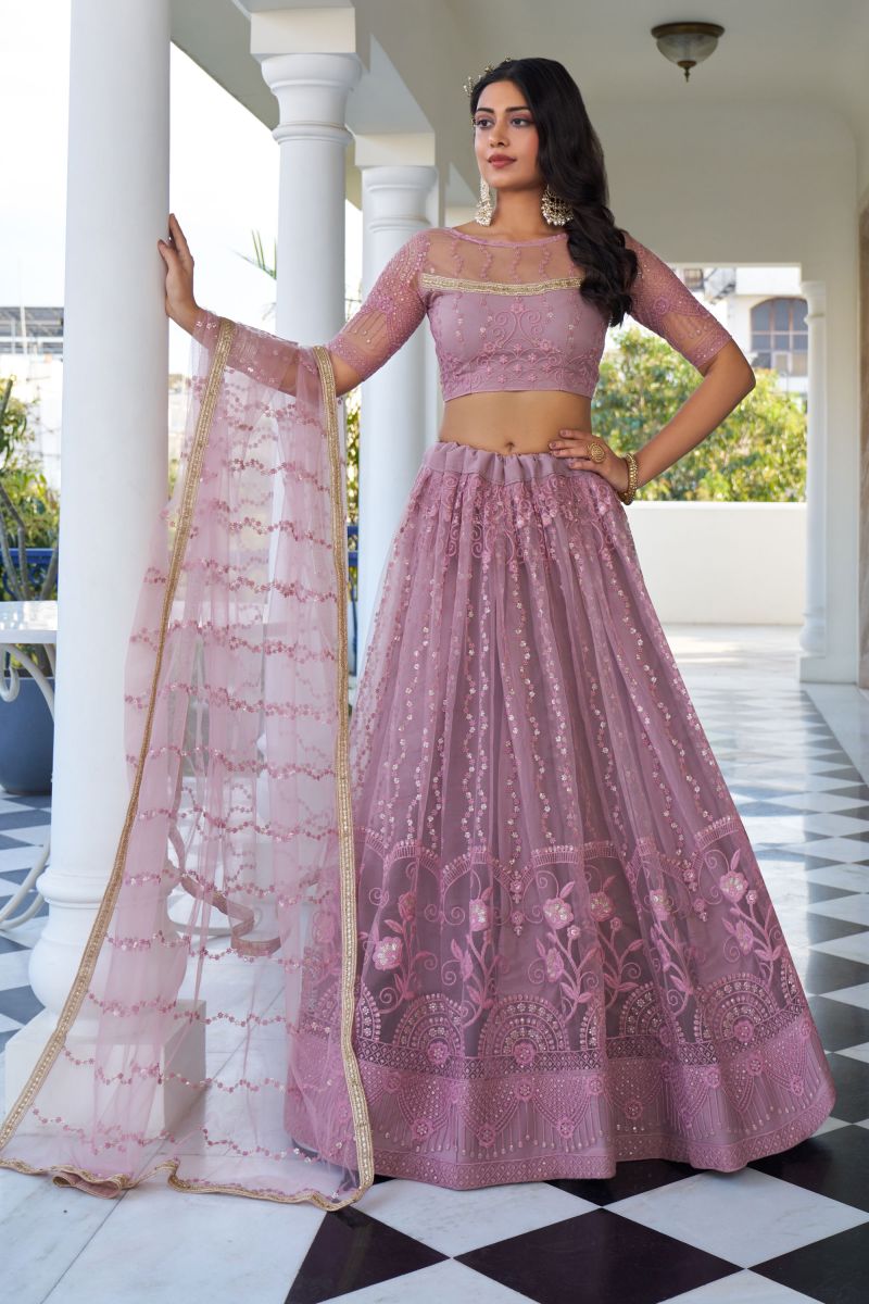 Stylish Lavender Color Net Fabric Sequins Embroidered Lehenga