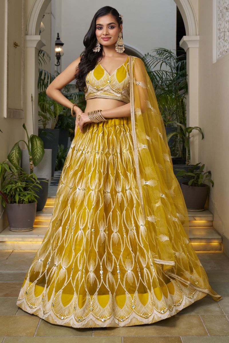 Elegant Mustard Color Net Fabric Sangeet Wear Sequins Embroidered Lehenga