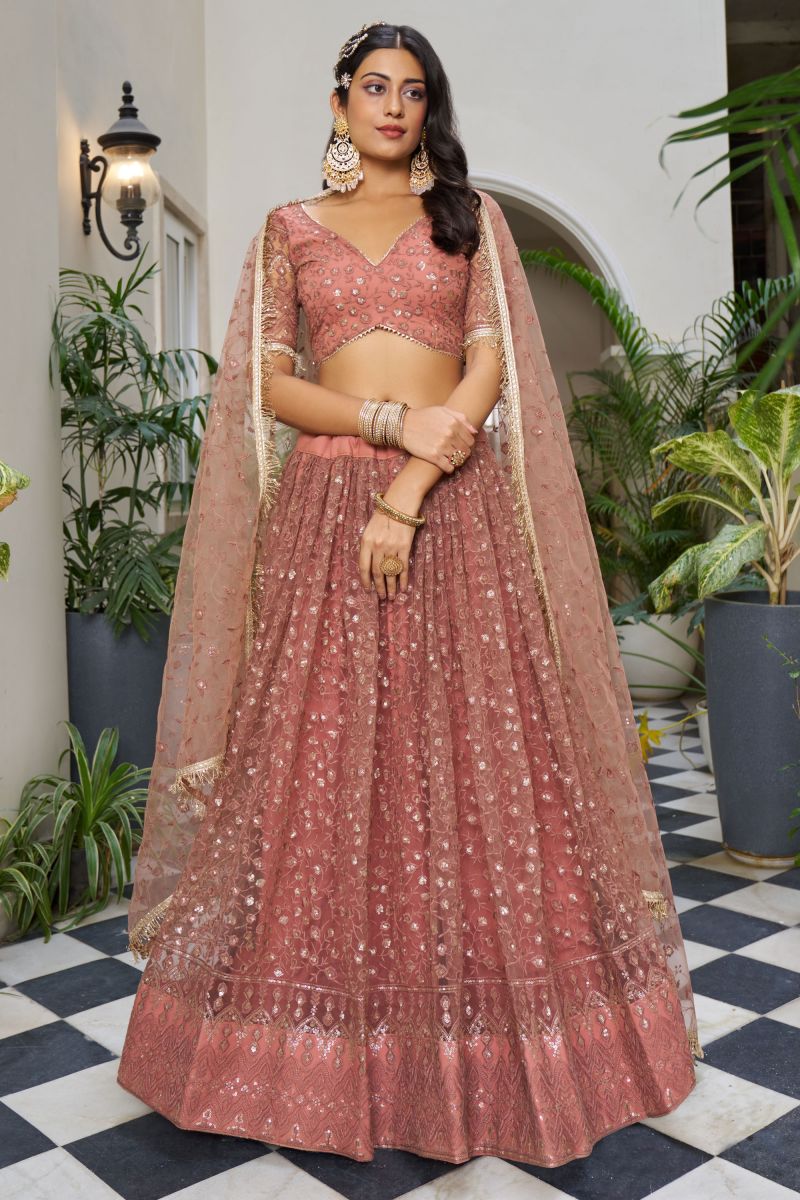 Sangeet looks Net Fabric Sequins Embroidered Lehenga in Peach Color