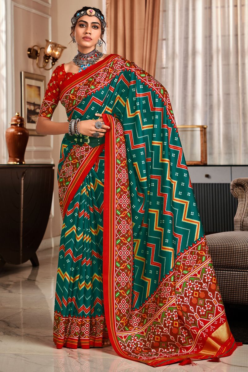 Blazing Green Color Pure Tusser Patola Printed Saree