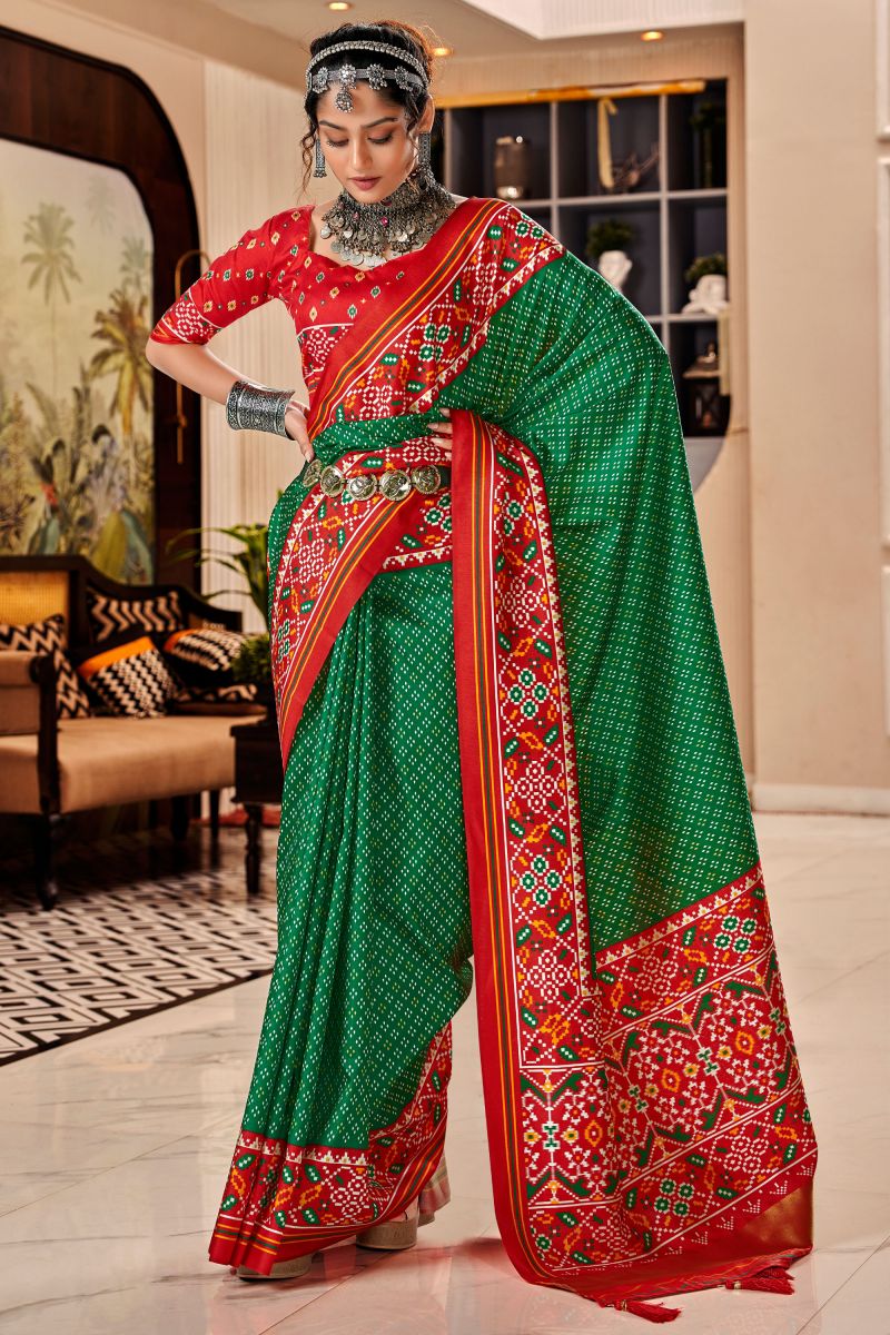 Green Color Exquisite Pure Tusser Patola Printed Saree