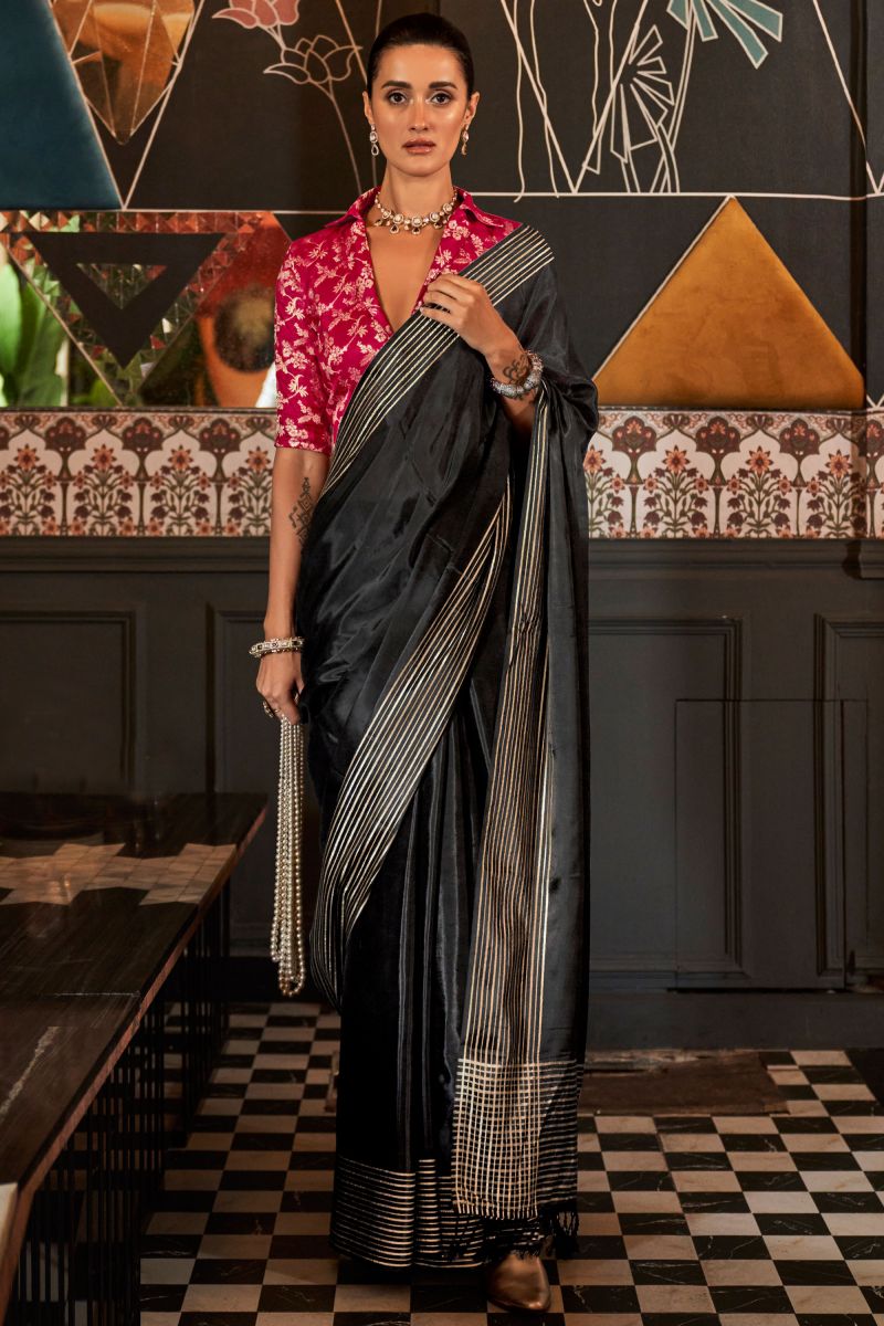 Awesome Viscose Silk Fabric Saree With Weaving Work Collared Blouse In Black Color