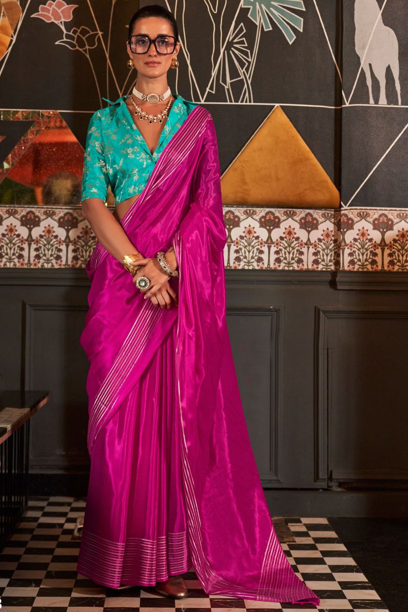 Appealing Viscose Silk Fabric Saree With Weaving Work Collared Blouse In Pink Color