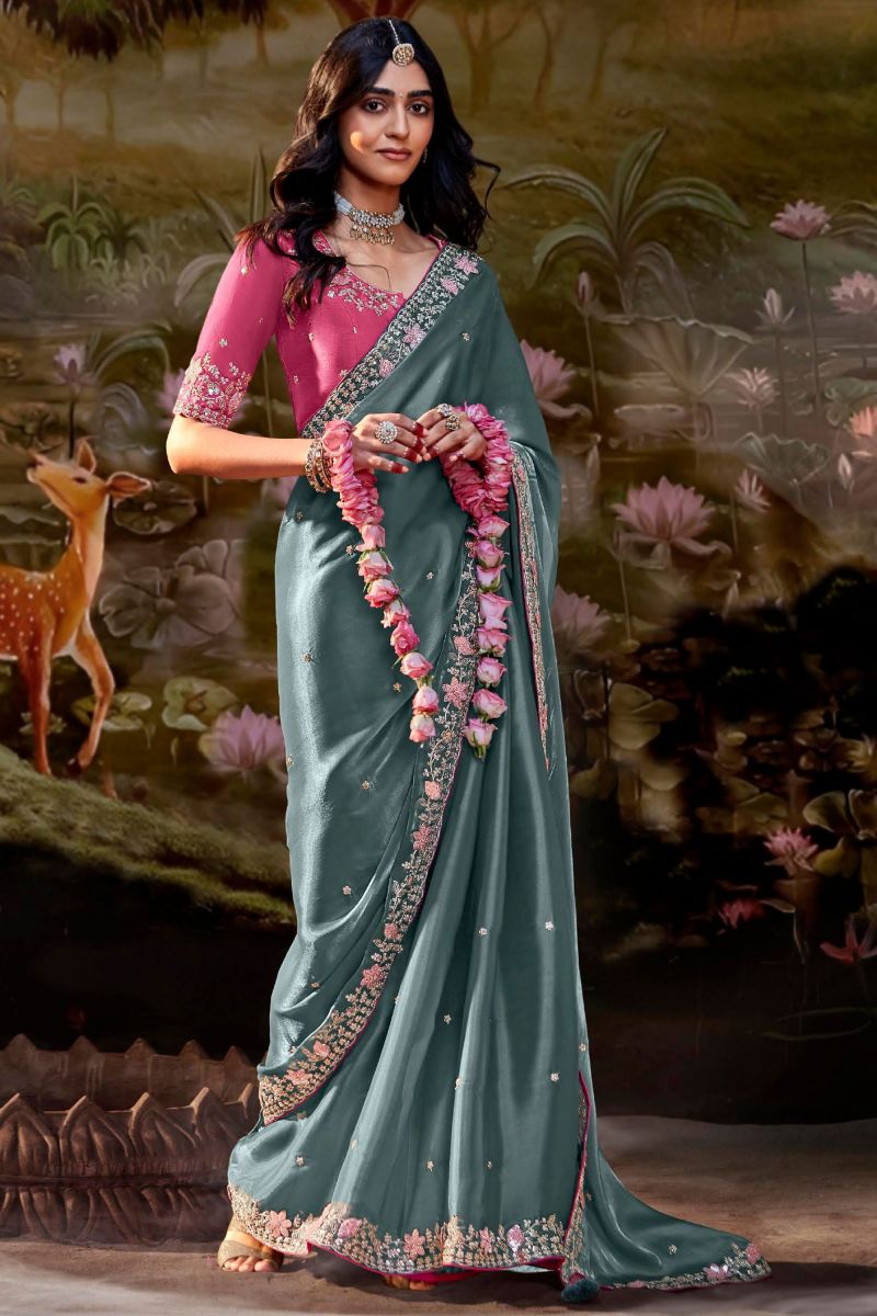 Grey Color Fancy Fabric Coveted Sequins Work Saree