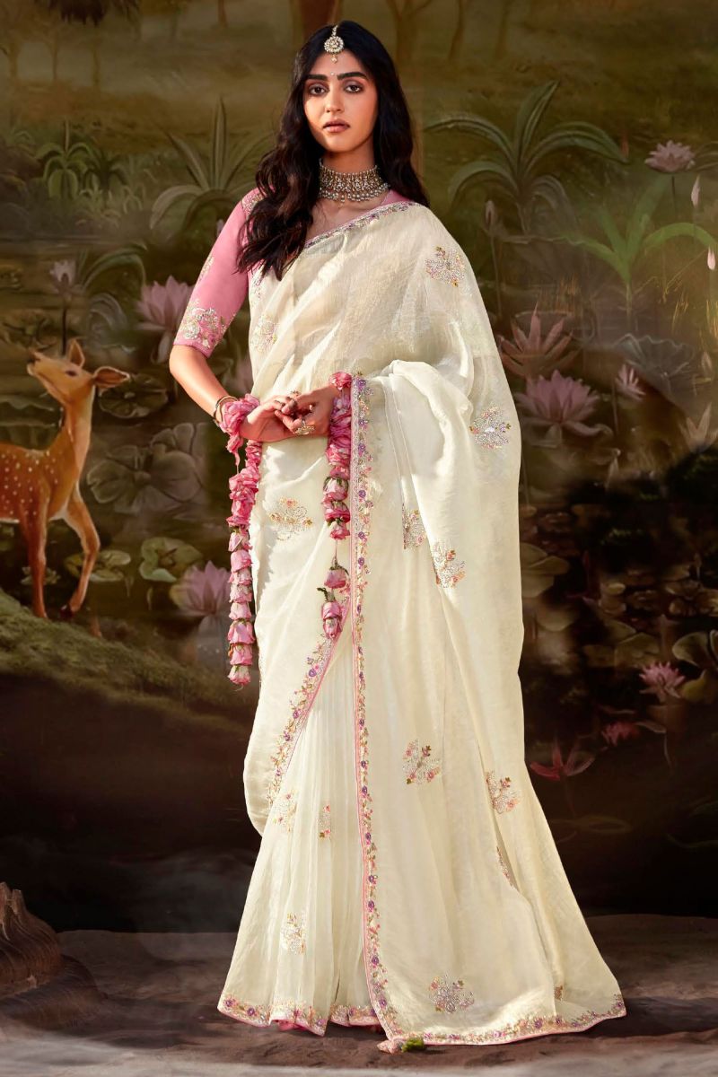 Fancy Fabric Off White Color Excellent Sequins Work Saree