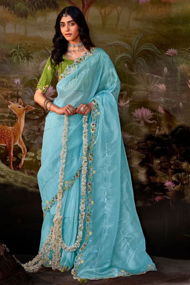 Fancy Fabric Sky Blue Color Patterned Sequins Work Saree