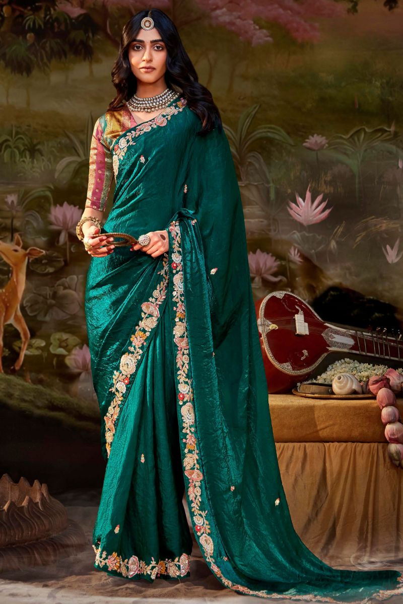 Green Color Fancy Fabric Sequins Work Saree