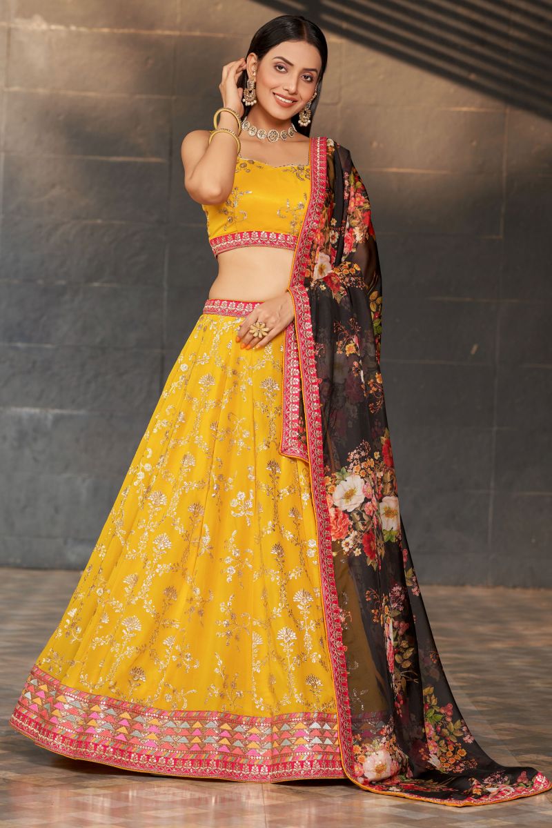 Georgette Sequins Embroidered Entrancing Lehenga In Yellow Color