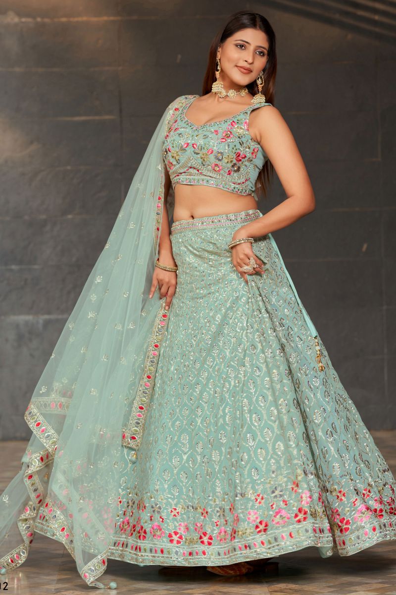 Light Cyan Color Georgette Sequins Embroidered Lehenga