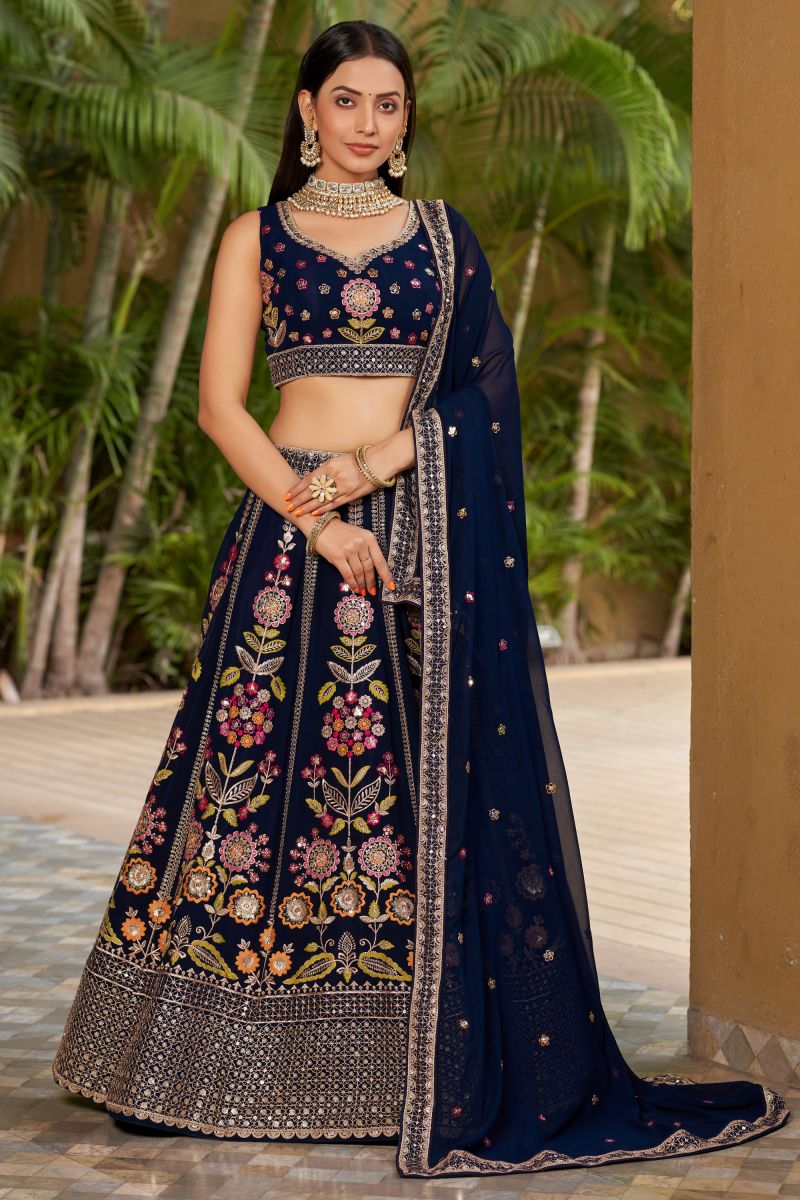 Navy Blue Color Sequins Embroidered Lehenga In Georgette Fabric