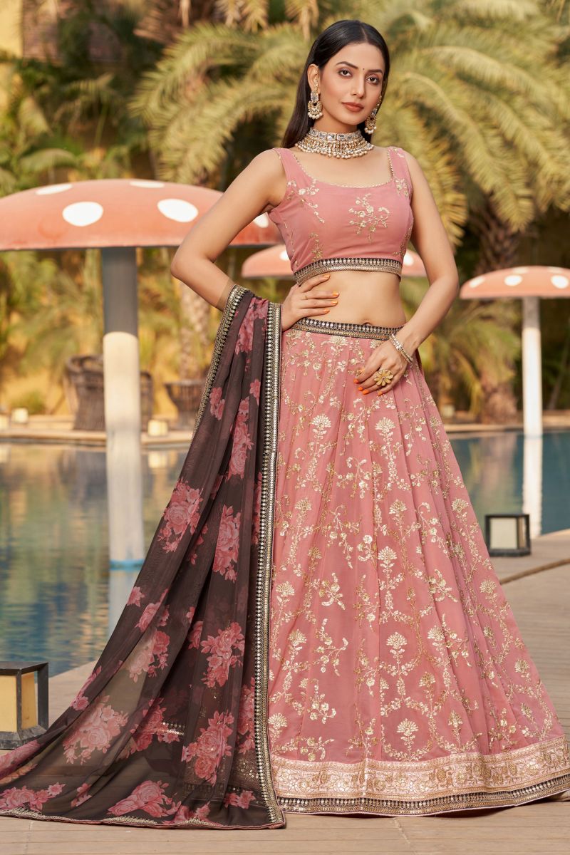 Georgette Sequins Embroidered Peach Color Lehenga