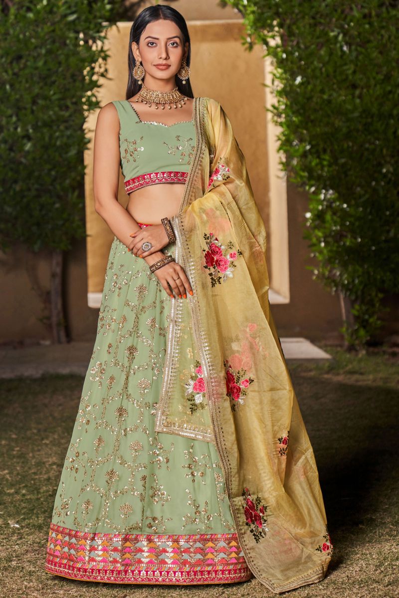 Sequins Embroidered Sea Green Color Georgette Lehenga