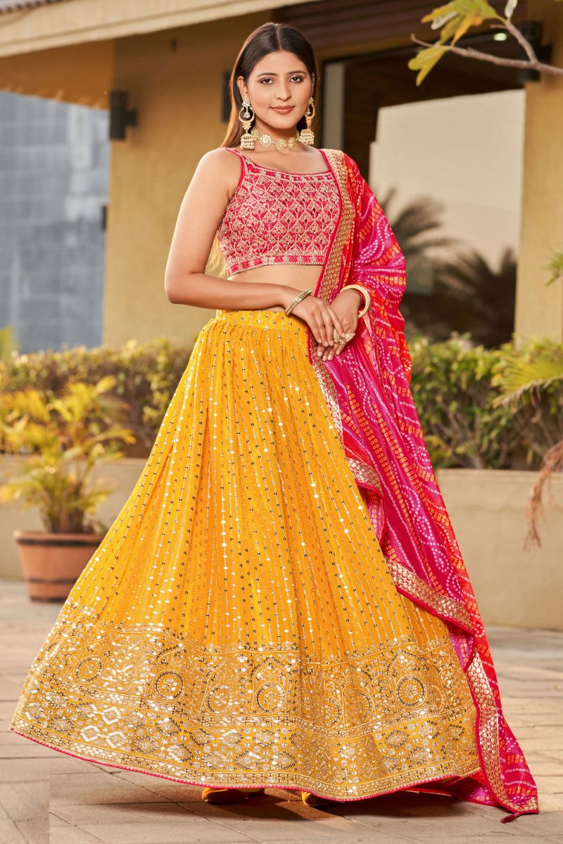 Sequins Embroidered Yellow Color Lehenga In Georgette Fabric