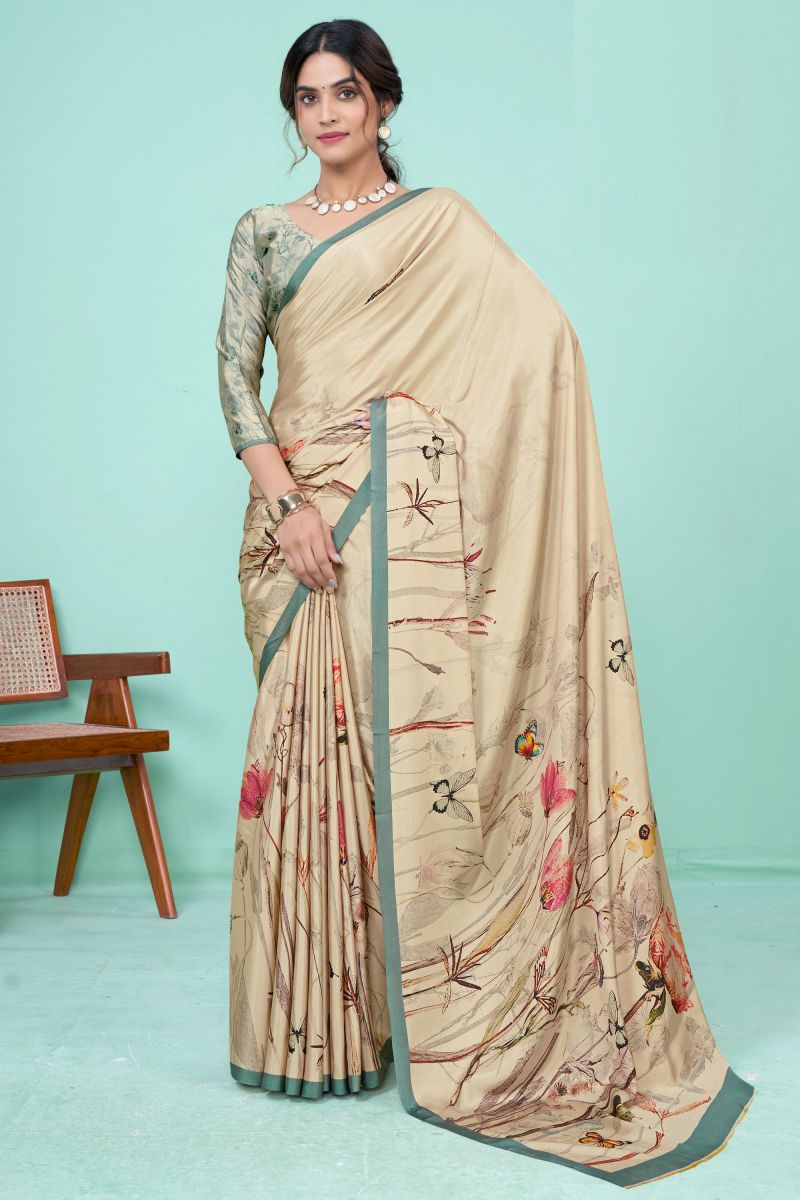 Printed Work Soothing Crepe Casual Style Saree In Beige Color