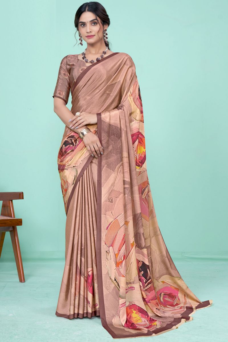 Multi Color Printed Work Crepe Casual Style Saree