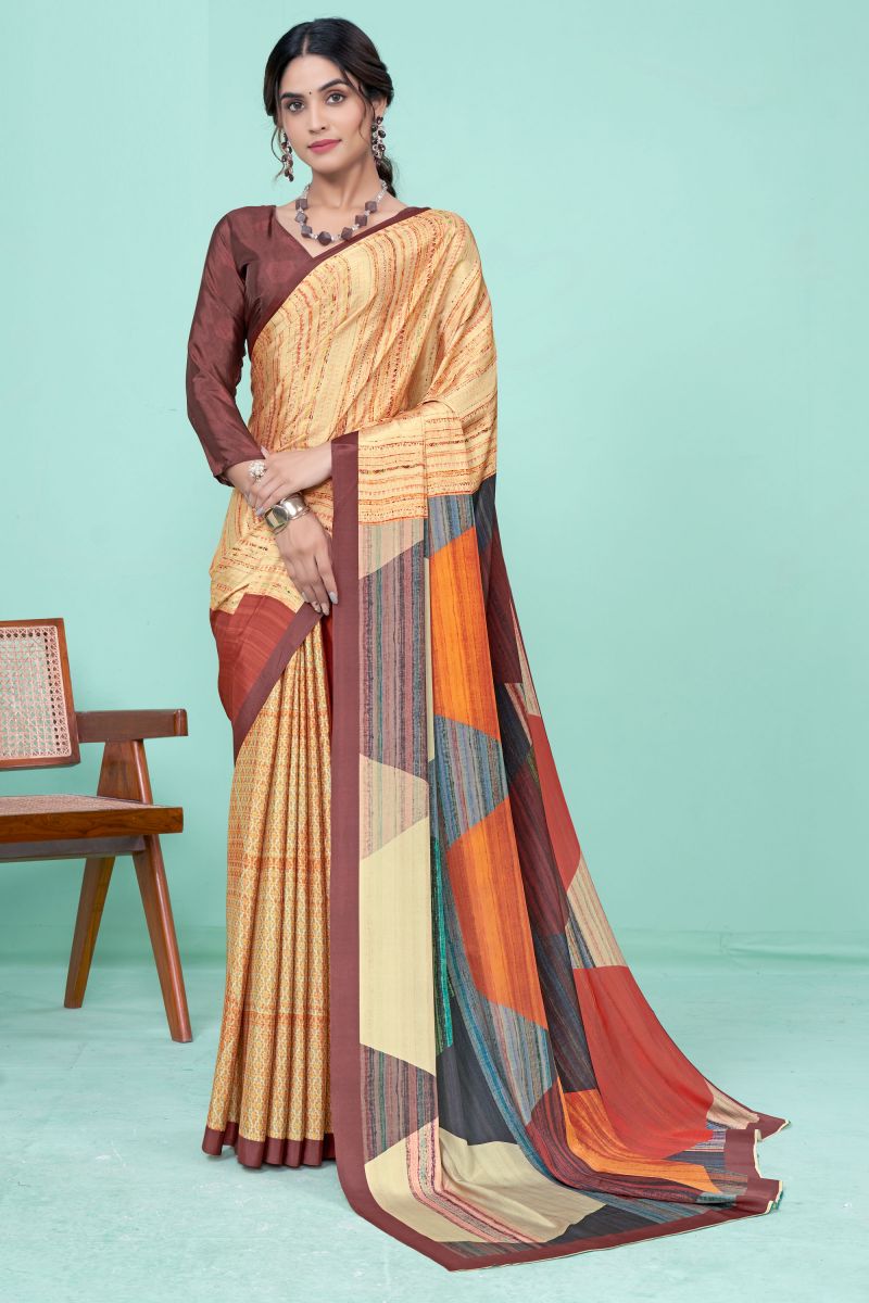 Multi Color Printed Work Glamorous Crepe Casual Style Saree