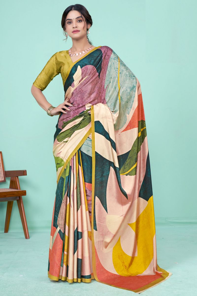 Multi Color Exquisite Printed Work Crepe Casual Style Saree