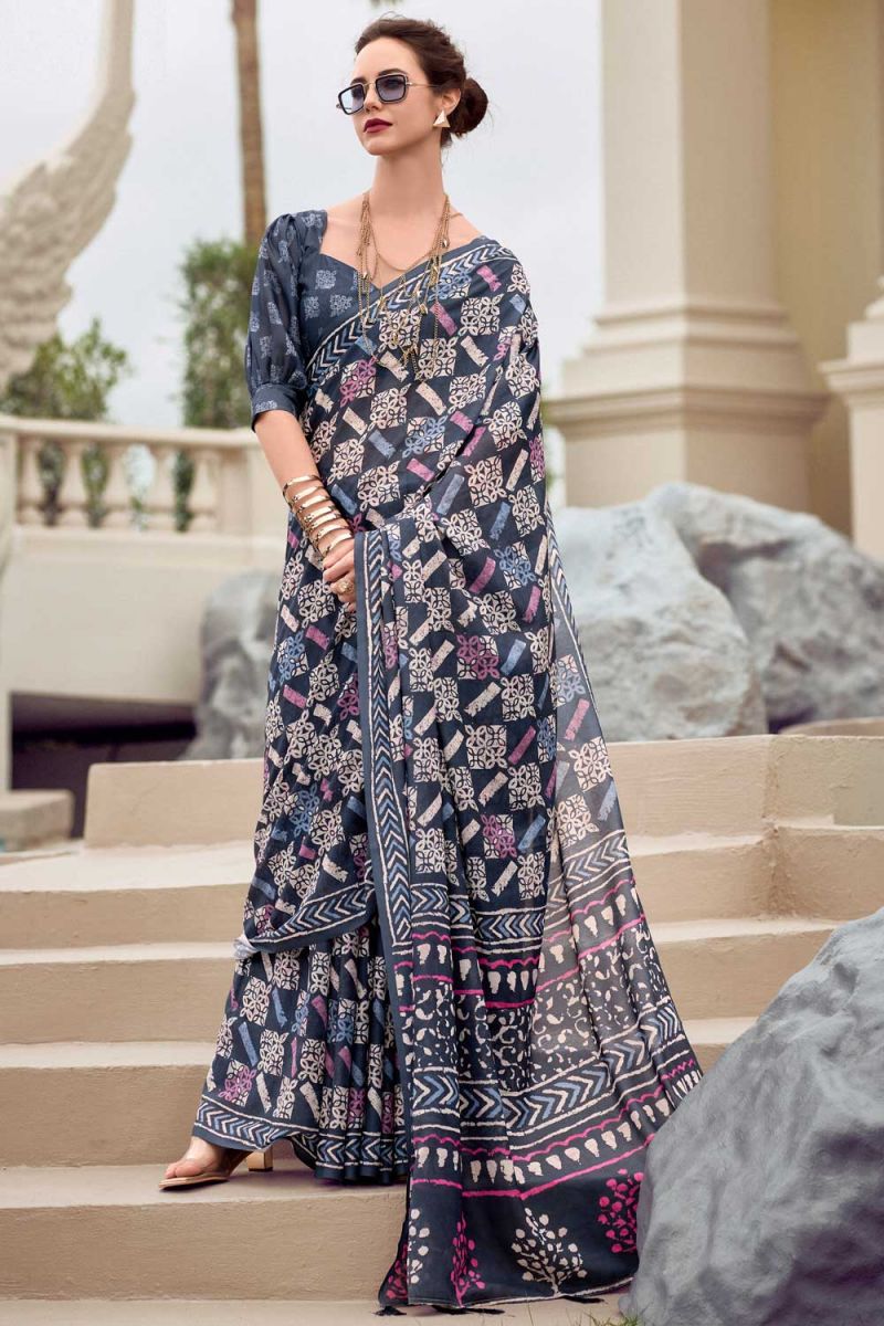 Navy Blue Color Art Silk Saree In Casual Wear