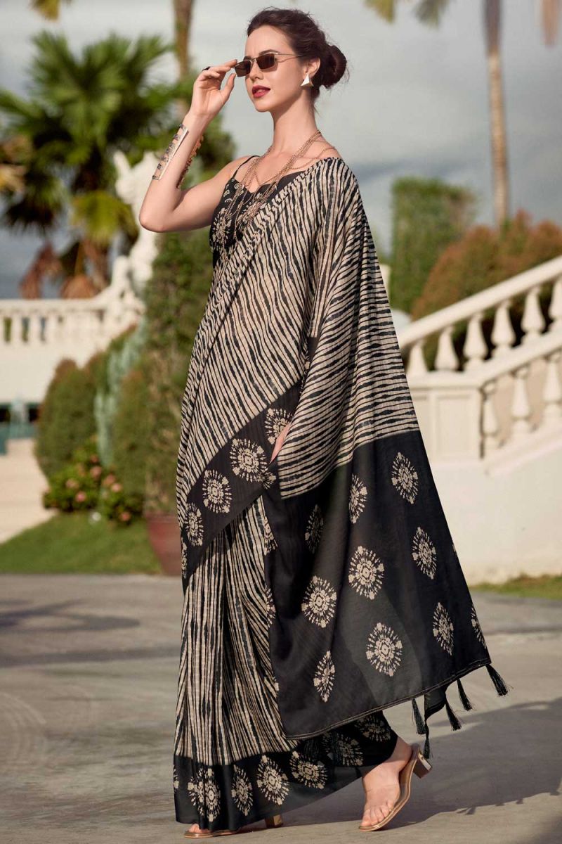 Casual Wear Black Color Saree In Art Silk Fabric