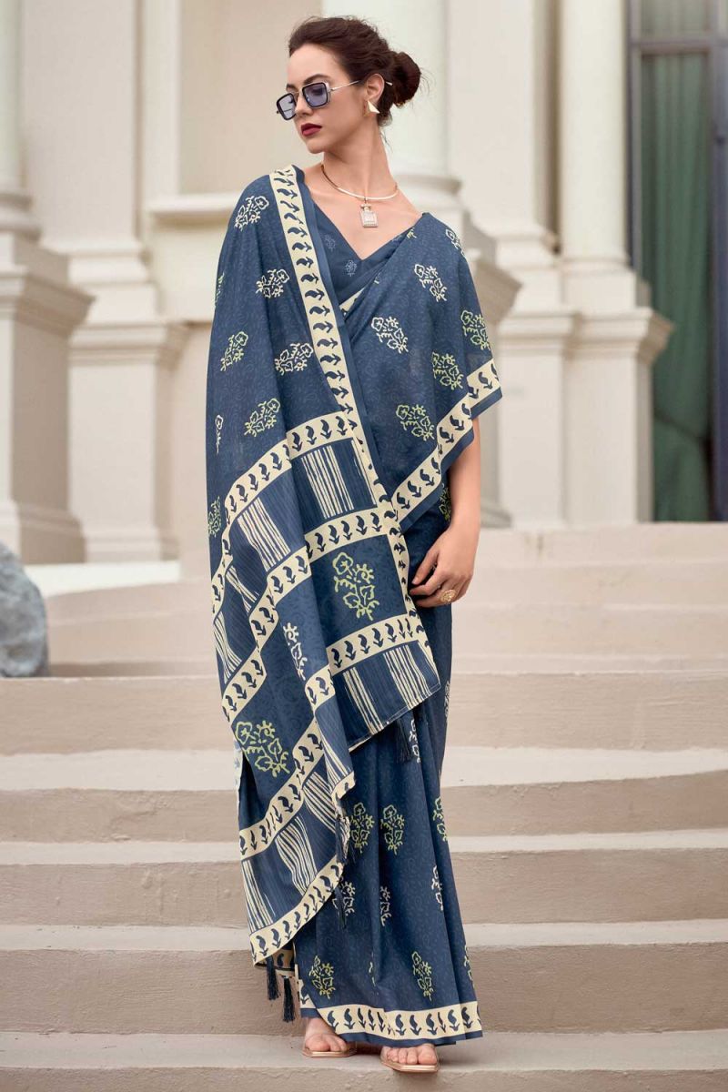 Casual Wear Saree In Navy Blue Color Art Silk Fabric