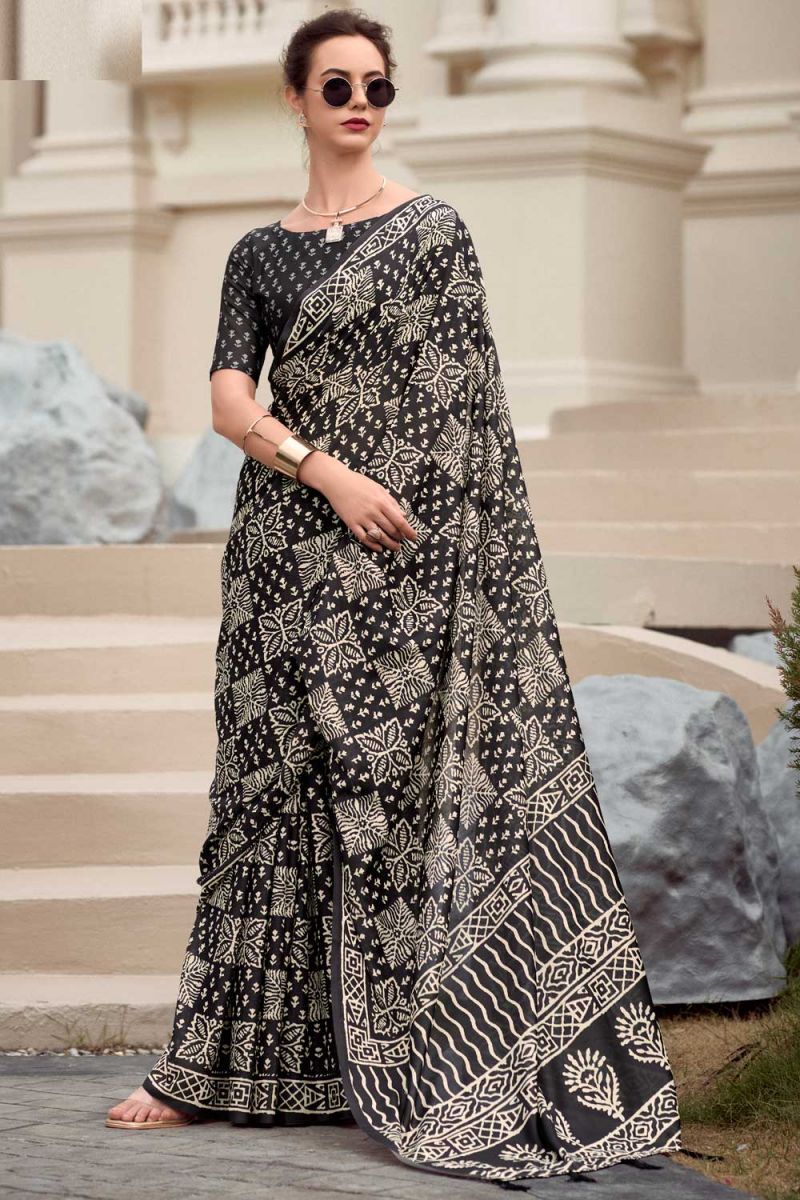 Art Silk Casual Wear Saree In Black Color
