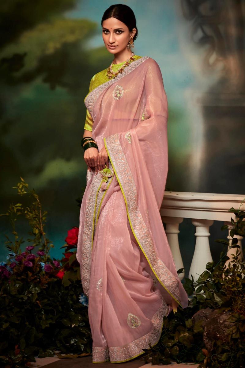 Art Silk Pink Color Engrossing Fancy Work Saree