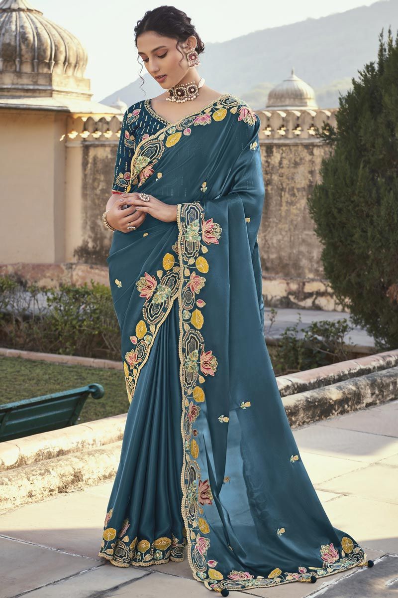 Teal Color Silk Function Wear Miraculous Embroidered Saree