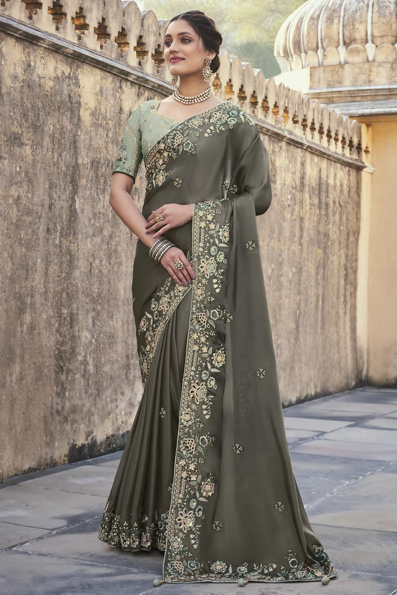 Silk Function Wear Luxurious Embroidered Saree In Grey Color